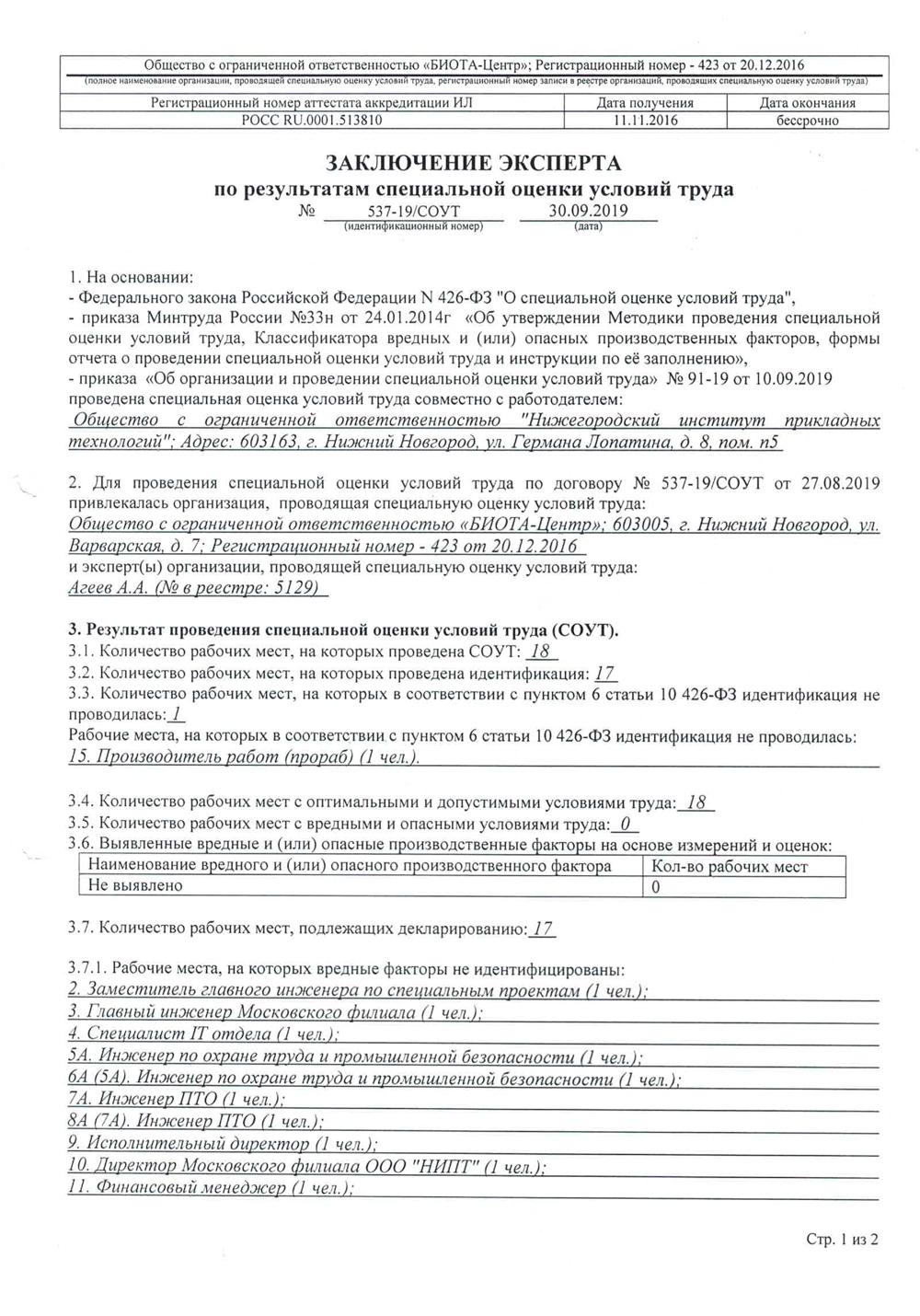 Результаты проведения СОУТ