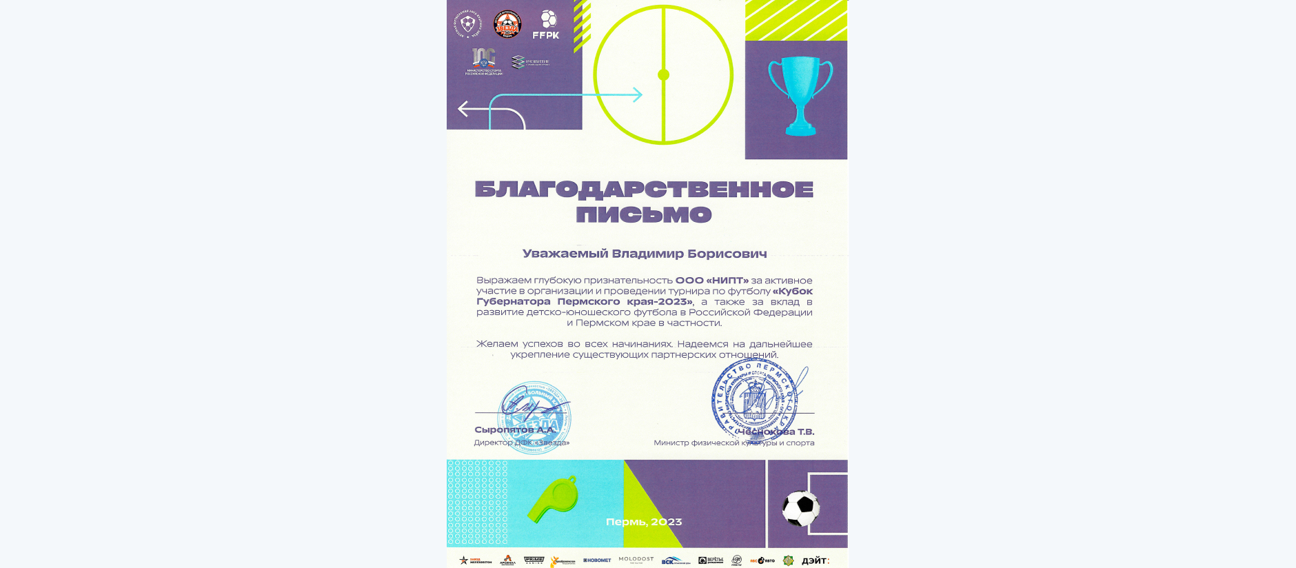 Благодарность от министра физической культуры и спорта Пермского края Татьяны Чесноковой